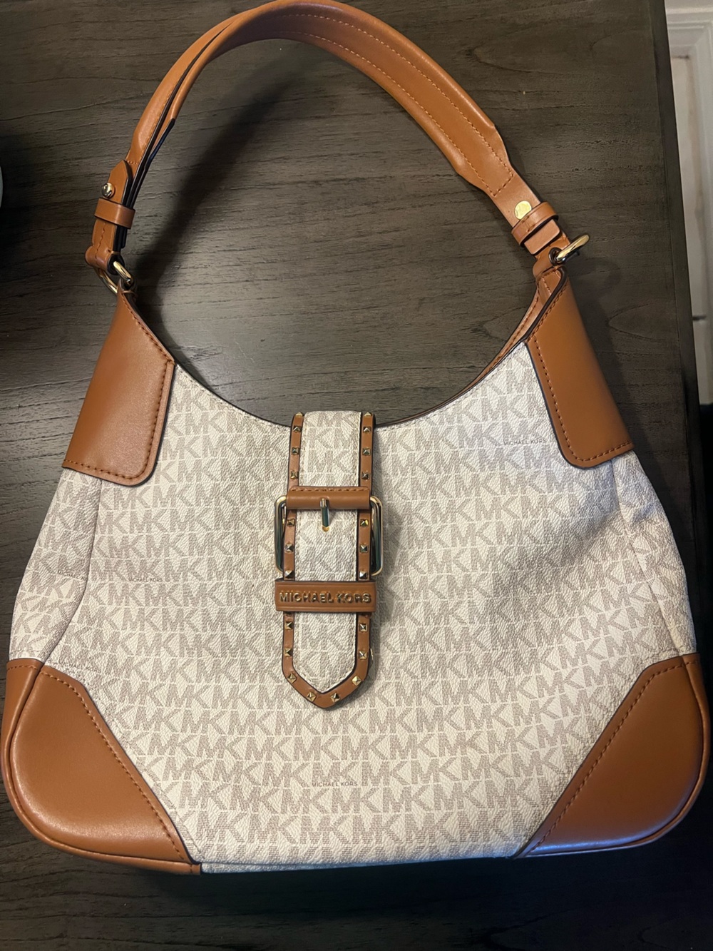 Michael Kors Vanilla and Tan Signature Shoulder Bag with Buckle Accent